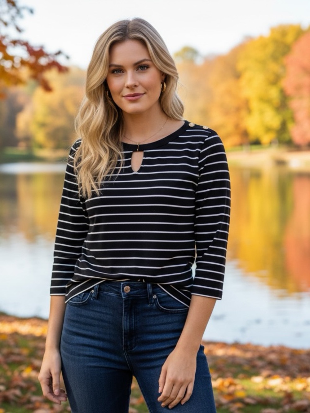 Jones New York Signature Striped Keyhole Top Size XL